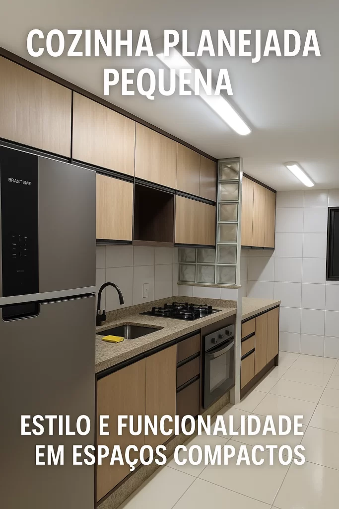 Cozinha planejada pequena com armários sob medida e bancada compacta