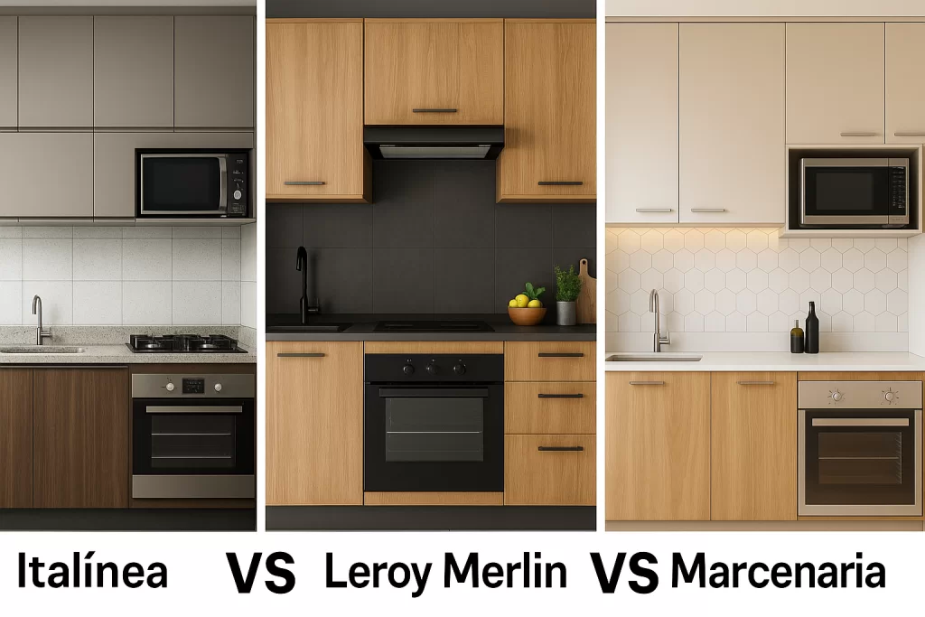 Comparação visual entre cozinhas planejadas da Italínea, Leroy Merlin e marcenaria sob medida, mostrando variações de estilo, acabamento e disposição dos armários em espaços pequenos.