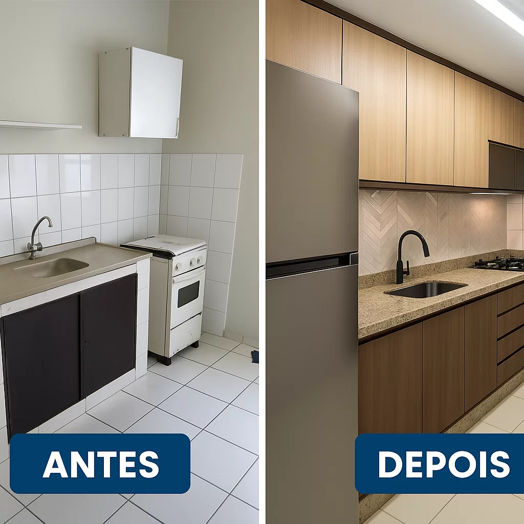 Comparação antes e depois de uma cozinha planejada pequena, mostrando a transformação de um ambiente simples em um espaço moderno com armários sob medida e bancada em granito.