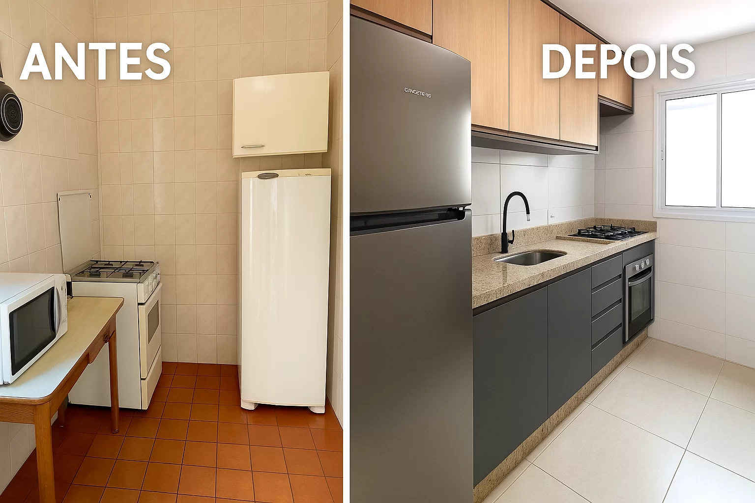 Antes e depois de uma cozinha planejada em L em apartamento pequeno, com destaque para a otimização do espaço, armários superiores e bancada em granito