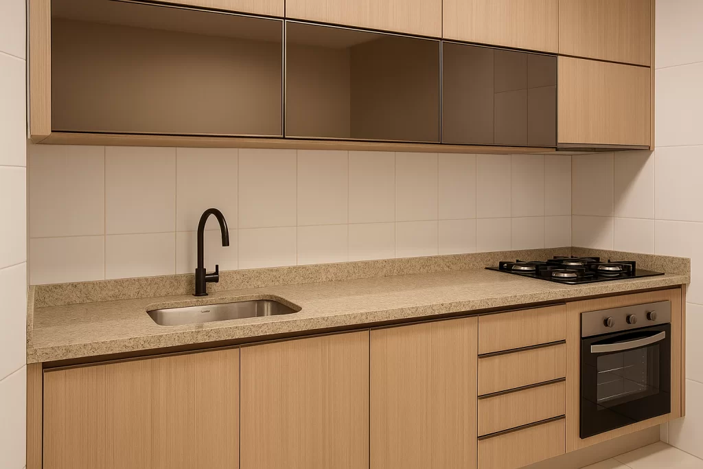 Cozinha planejada com armários em MDF gianduia, bancada em granito e portas superiores com vidro reflecta bronze, ideal para ambientes compactos e sofisticados