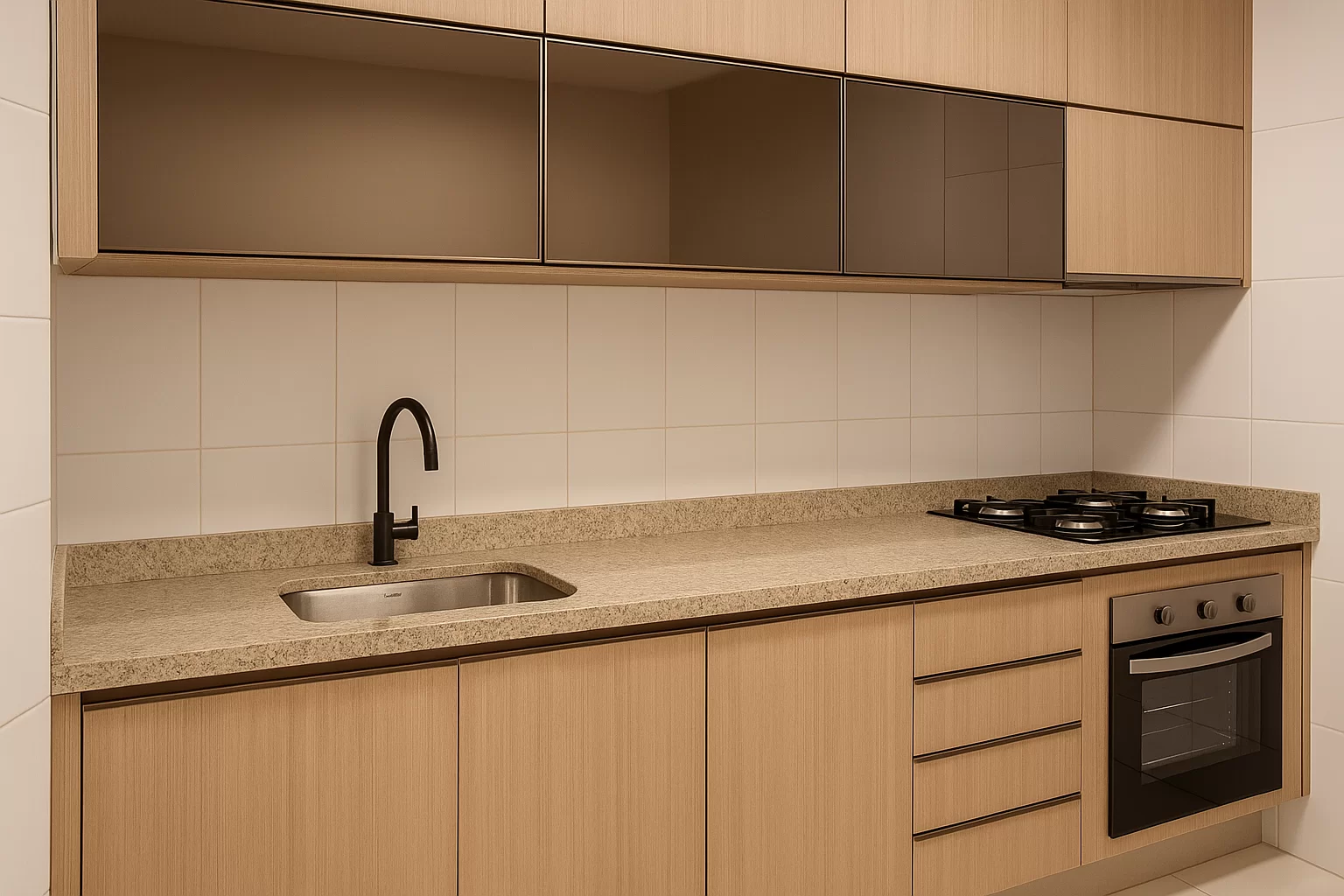 Cozinha planejada com armários em MDF gianduia, bancada em granito e portas superiores com vidro reflecta bronze, ideal para ambientes compactos e sofisticados