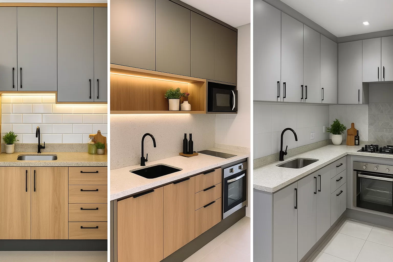Galeria de inspirações com três cozinhas planejadas pequenas modernas, com diferentes combinações de cores, iluminação e organização, em estilo Pinterest.