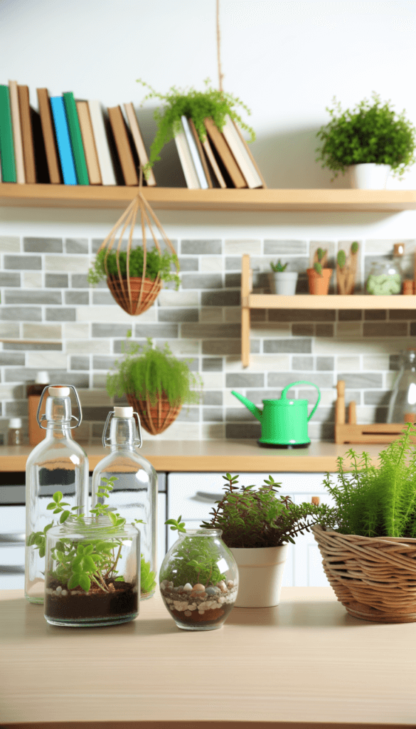 Pequenos vasos com ervas aromáticas na cozinha, terrários em estantes de livros ou mini-hortas suspensas são exemplos de como você pode verdejar a vida dentro de casa. Transformar garrafas de vidro em vasos para suculentas ou cultivar uma pequena árvore frutífera em um canto ensolarado são atitudes que conectam o morador ao ciclo da natureza, promovendo serenidade e bem-estar. Verde