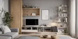 Sala de estar pequena e moderna com móveis planejados de madeira clara, otimizando o espaço com sofá compacto, prateleiras e mesa retrátil.