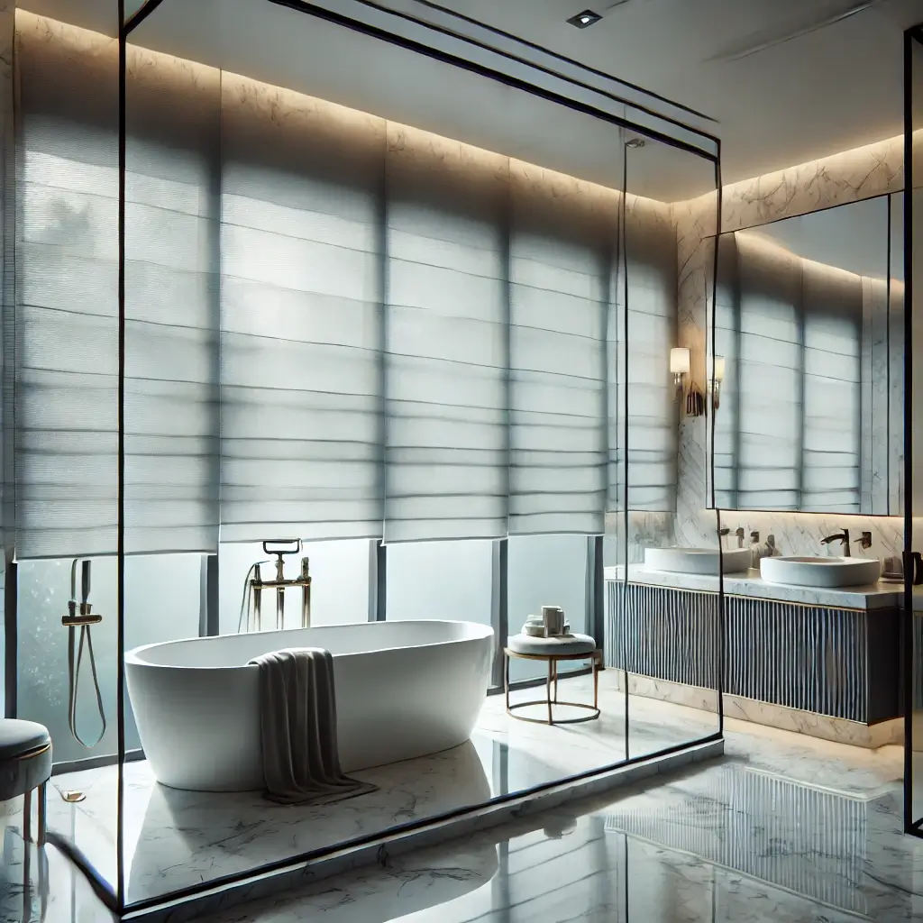 Banheiro luxuoso com persianas rolô