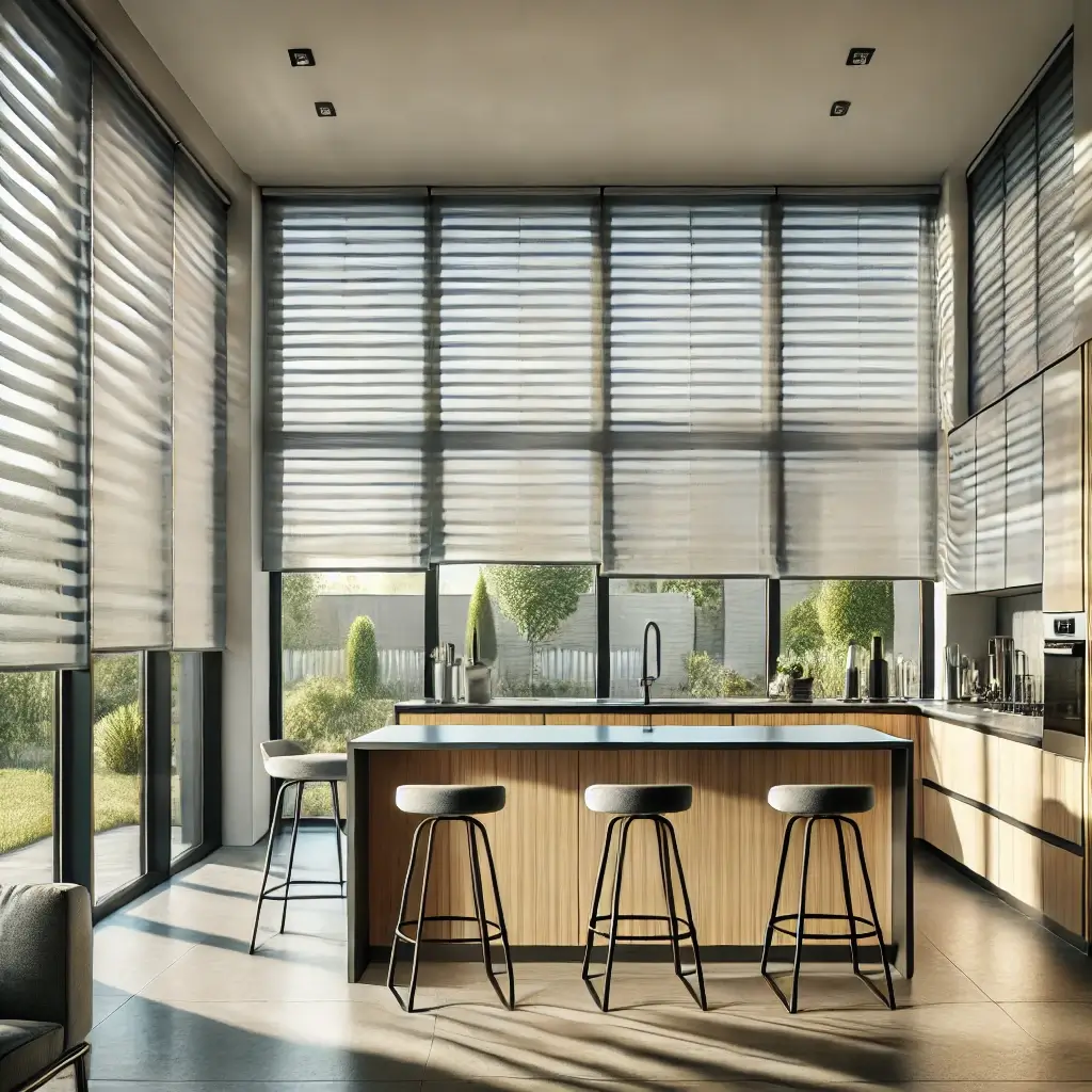 Cozinha moderna com persianas rolô