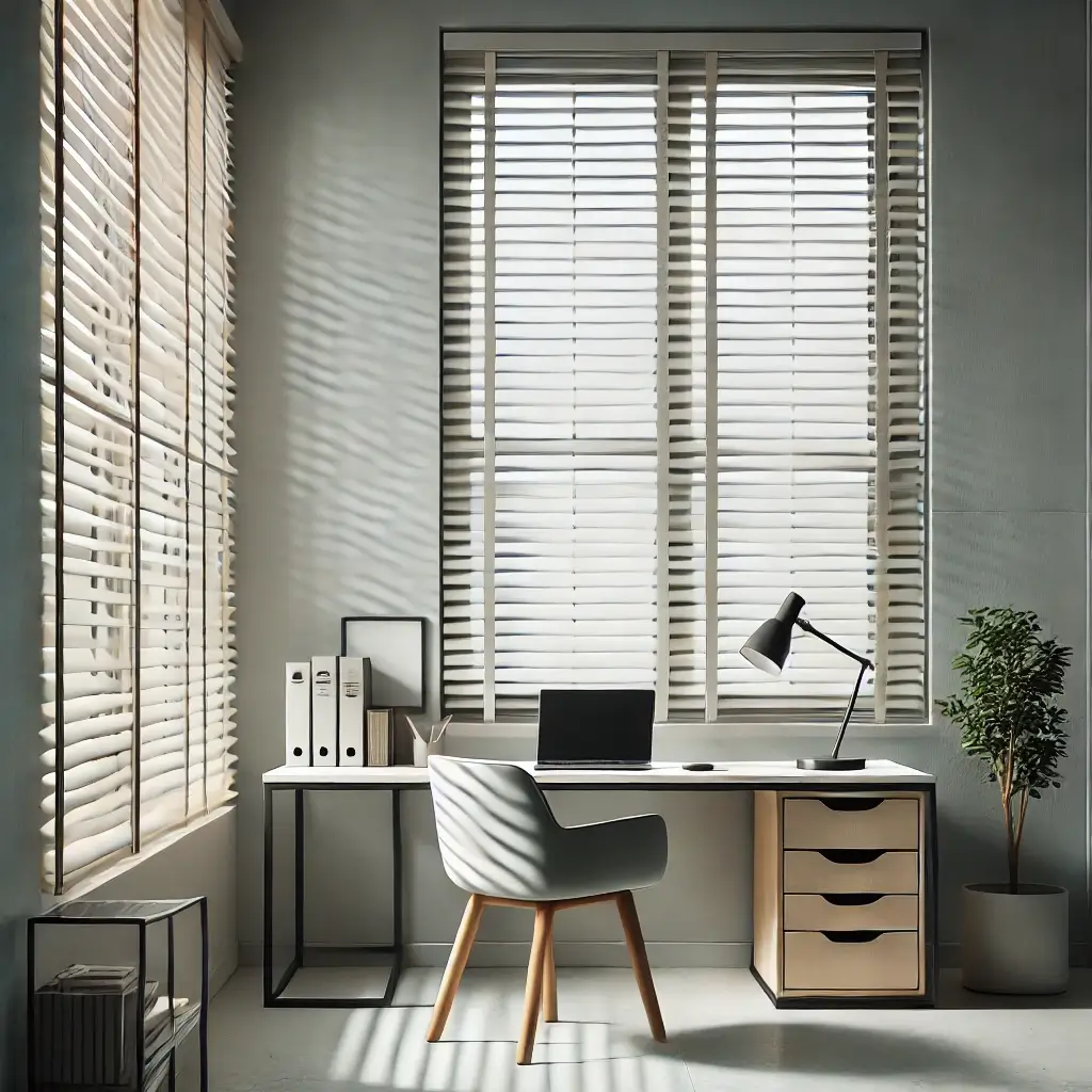 Escritório em casa minimalista com persianas venezianas