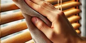 Pano de microfibra em uma lâmina de persiana de madeira