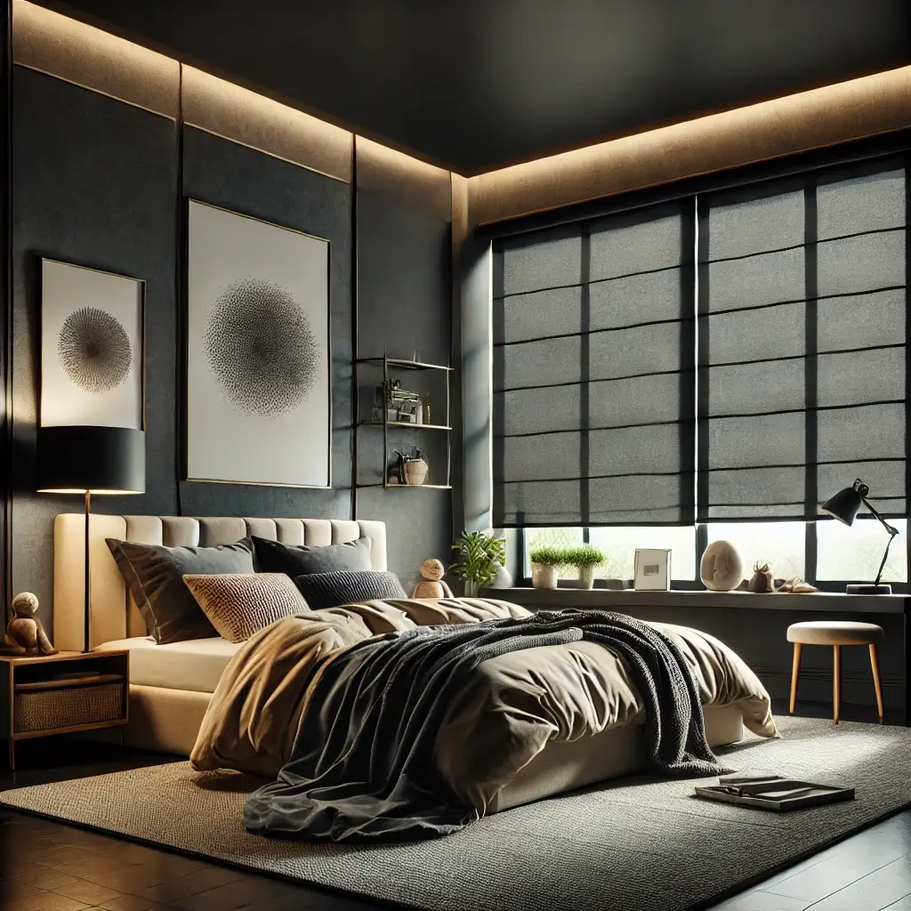 Quarto moderno com persianas rolô blackout