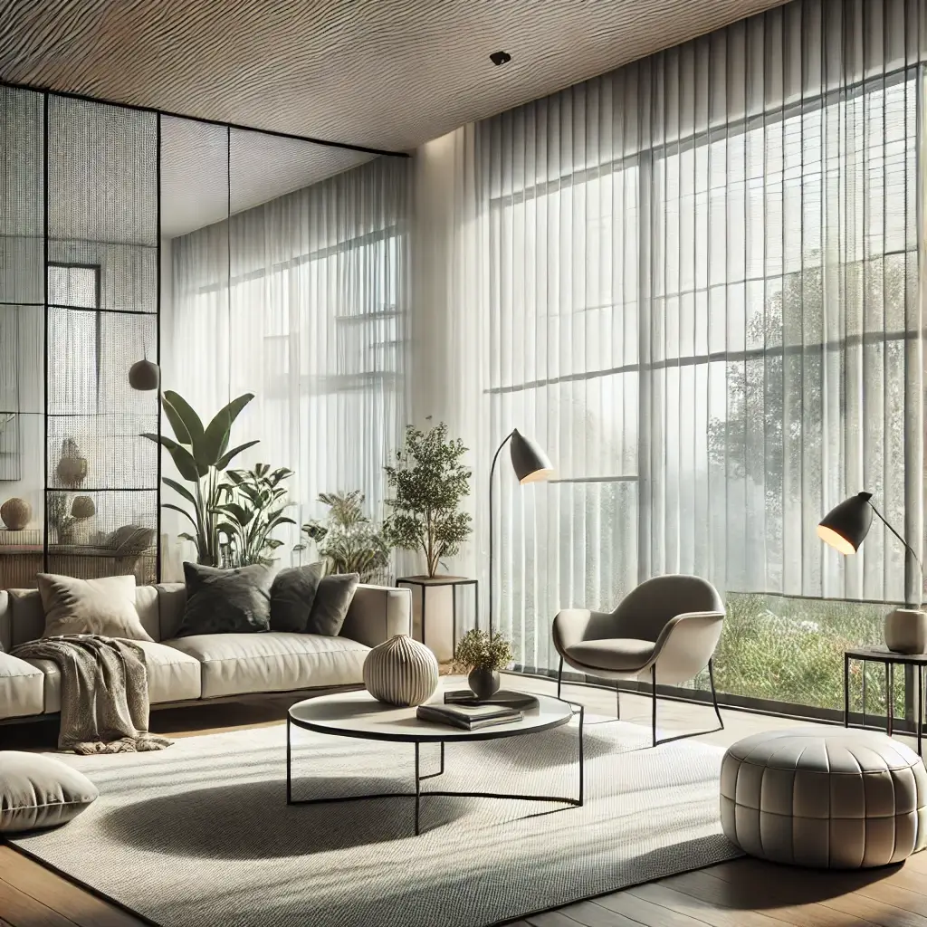 Sala de estar contemporânea com persianas de tecido translúcido