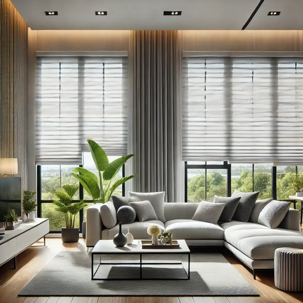 Sala de estar moderna com persianas celulares