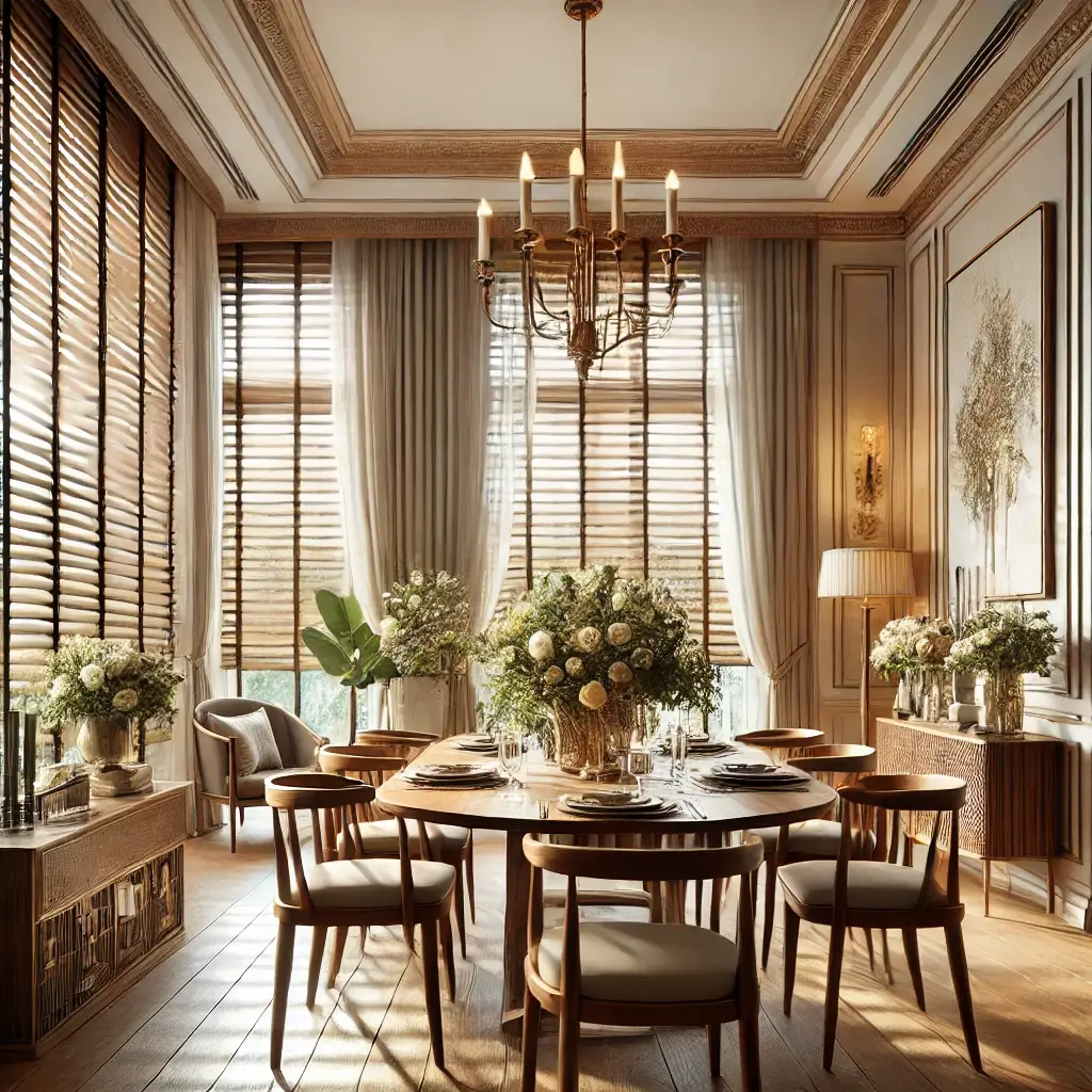 Sala de jantar sofisticada com persianas de madeira.