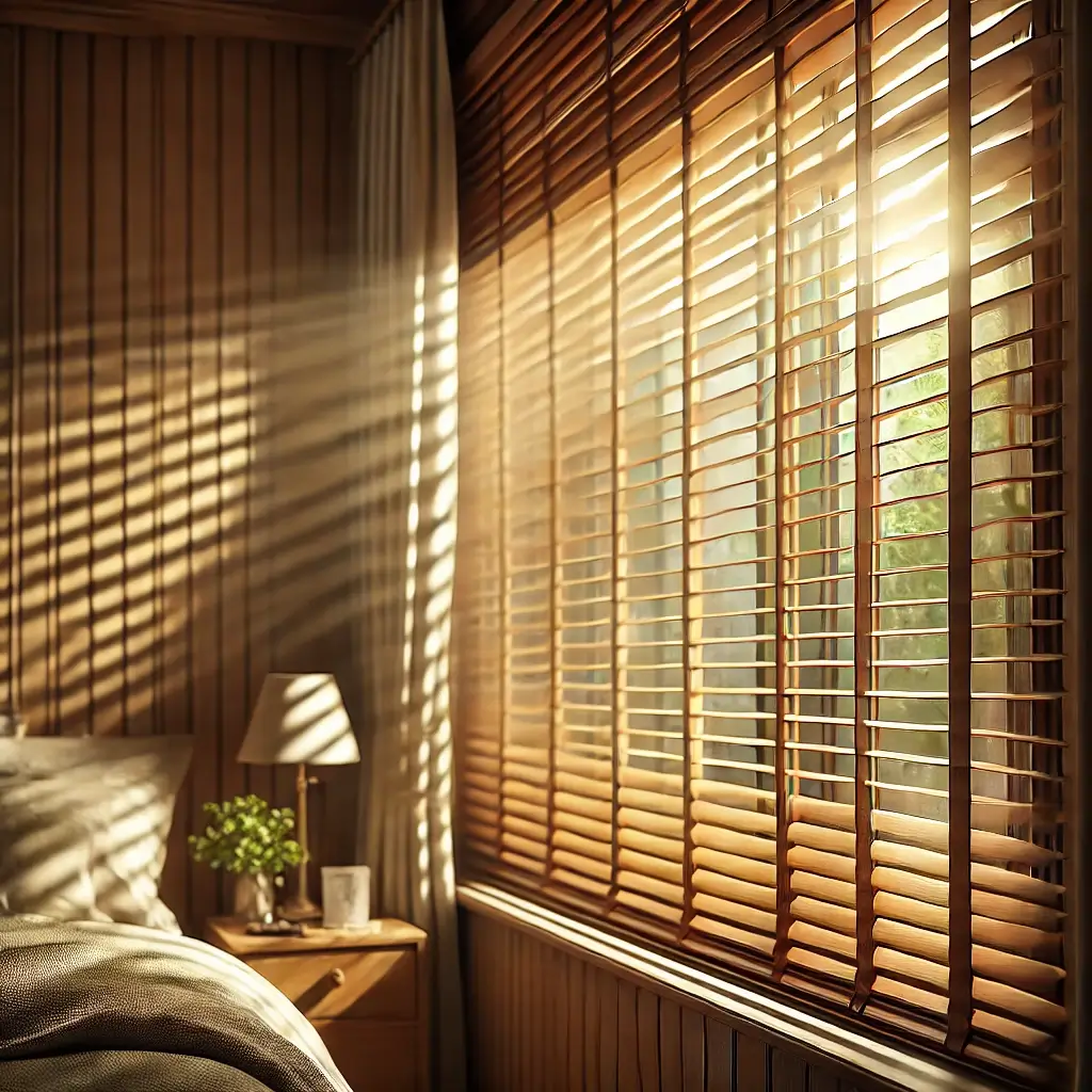 Uma janela com persianas de madeira parcialmente fechadas, protegendo o ambiente da luz solar direta.