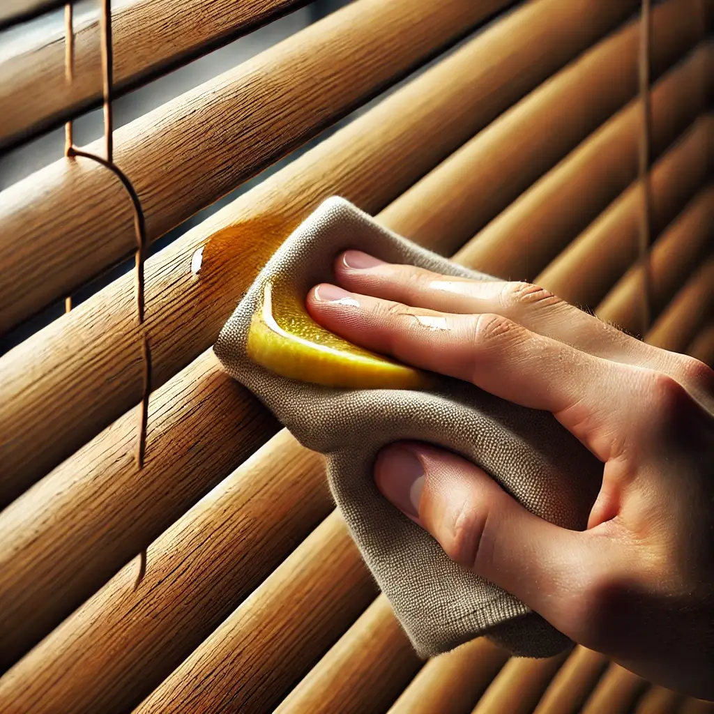 óleo de limão em uma lâmina de persiana com um pano