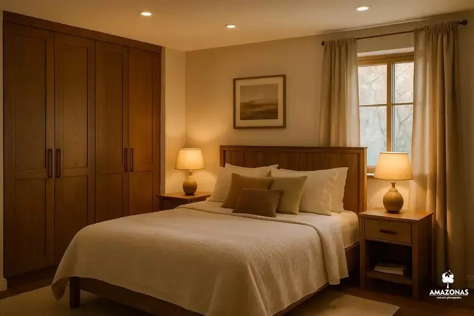 Como criar um quarto bonito e aconchegante com iluminação e móveis sob medida?