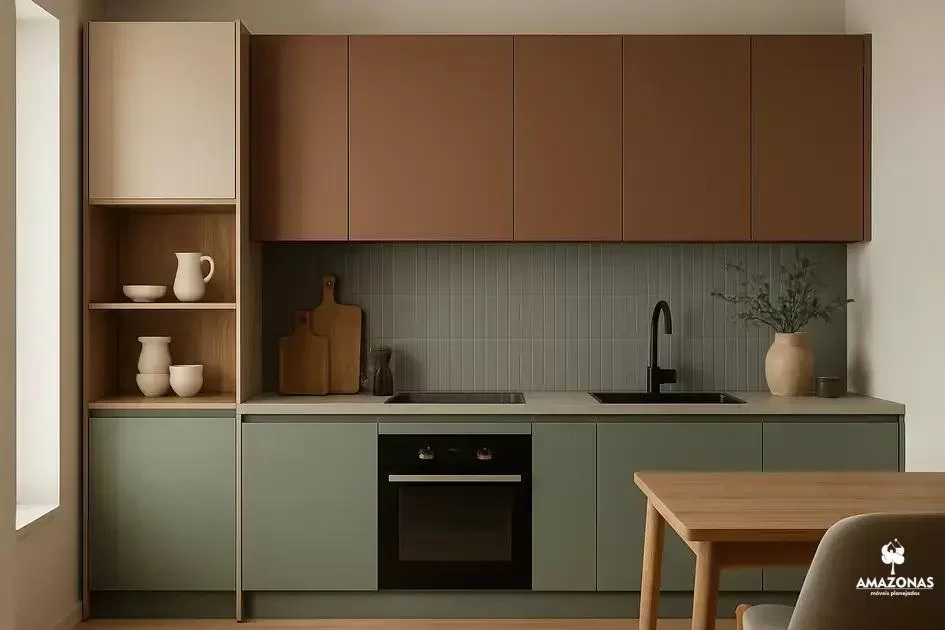 Cores para cozinhas planejadas em 2025:Fendi,Gianduia,Cinza Sagrado e Verde Arte