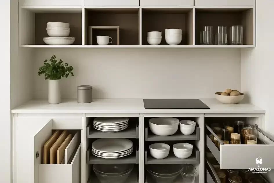 Organização inteligente:prateleiras em MDF Branco TX,Nichos Gianduia e espaços otimizados