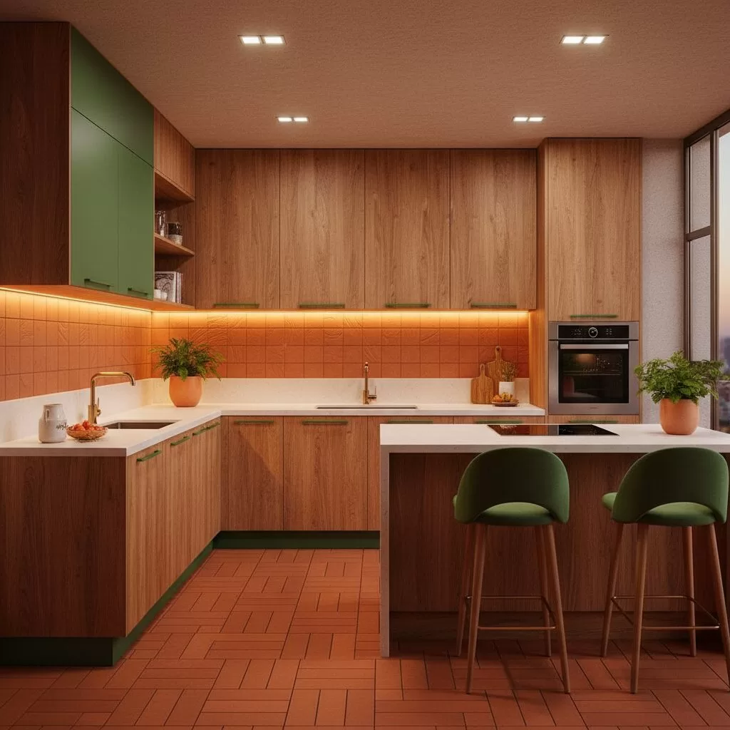Cozinha em Terracota e Verde com leds embutidos na marcenaria