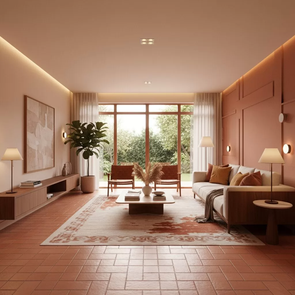Sala de estar em terracota ambiente integrado