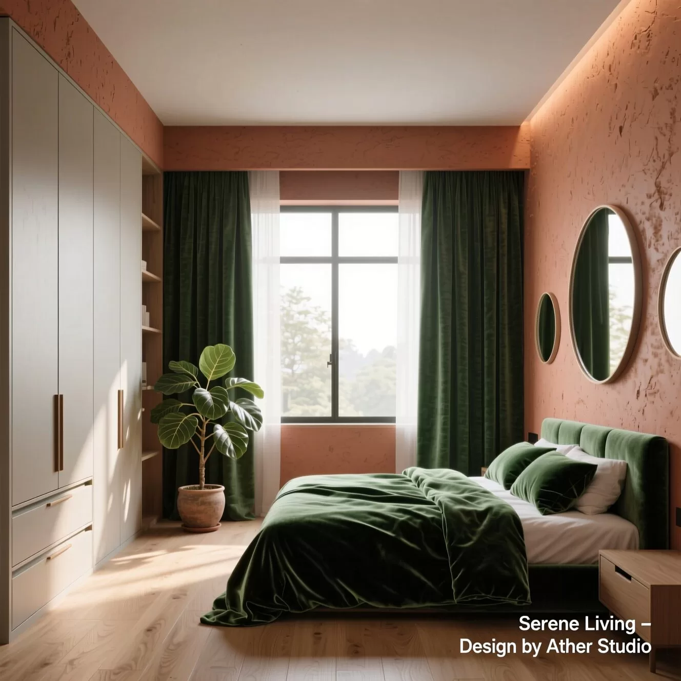 Cortina verde e parede em terracota para quarto de casal