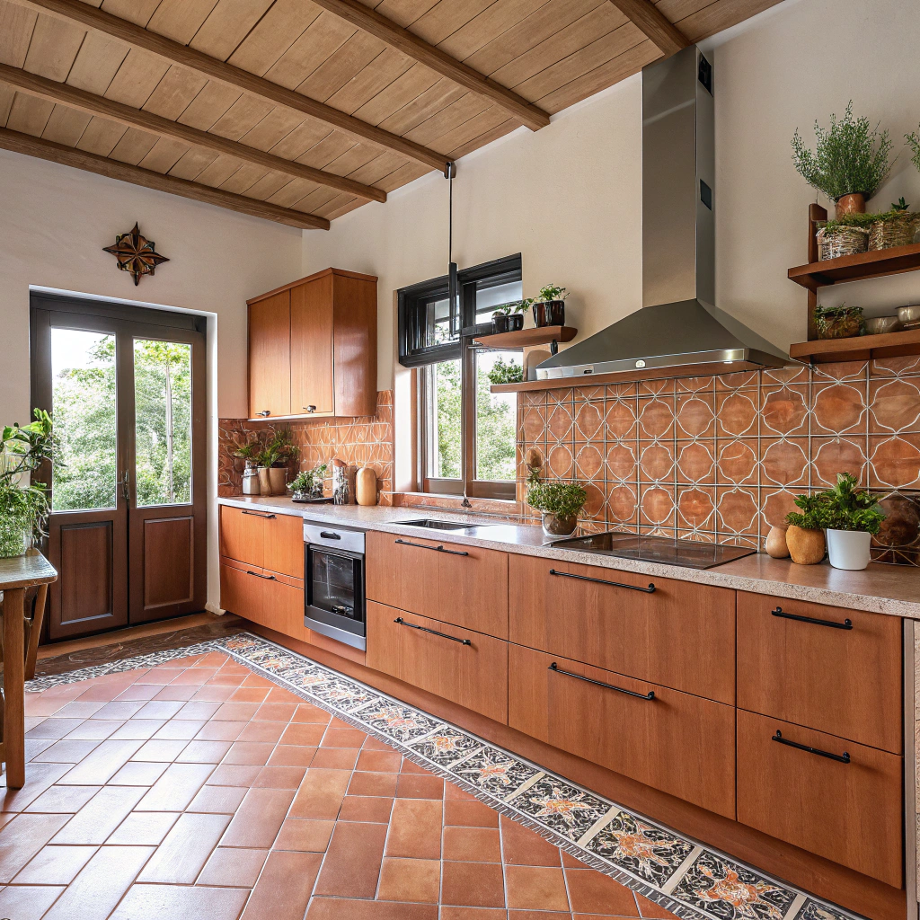 Cozinha contemporânea com padrão terracota