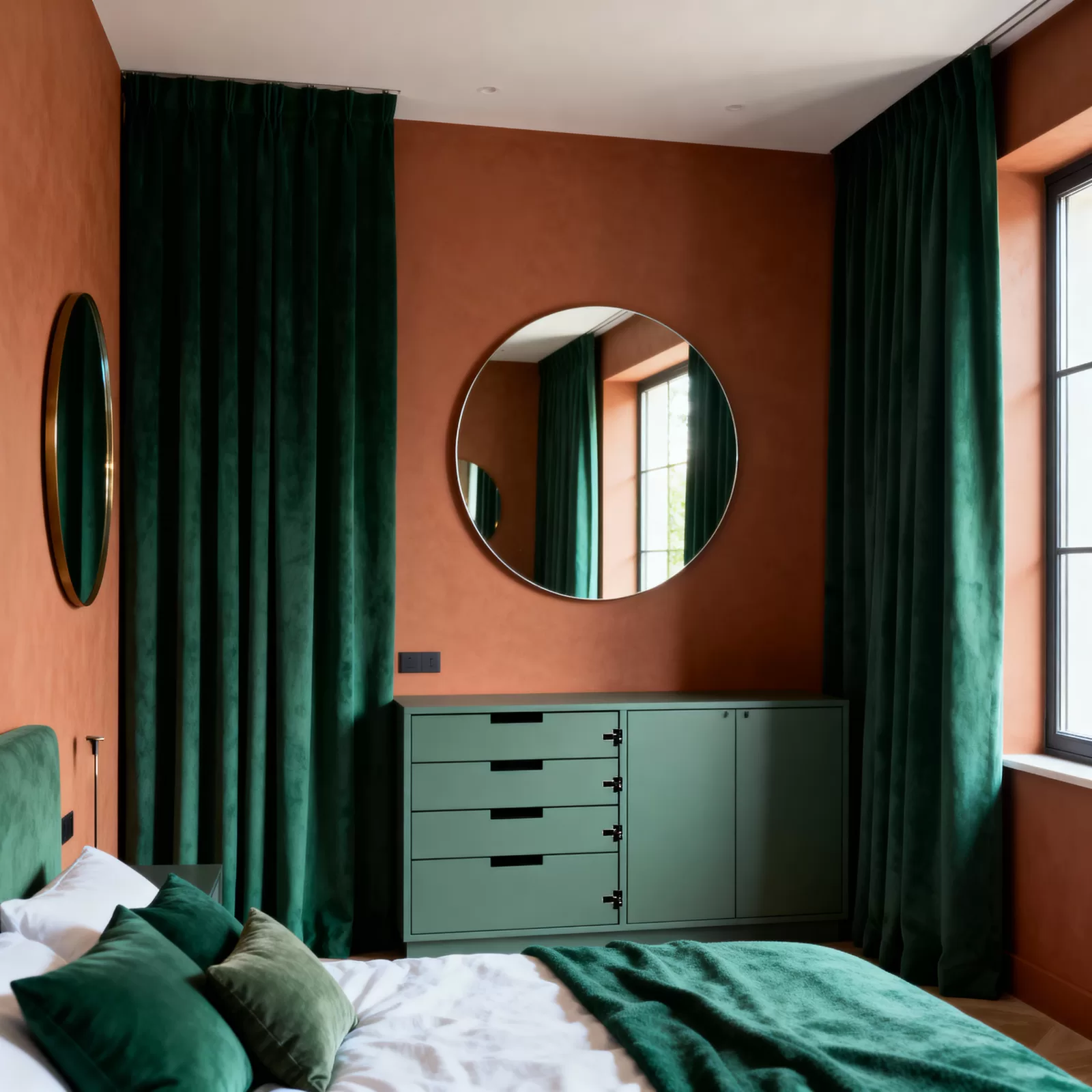 Quarto de Solteiro com cômoda em verde folha e parede terracota