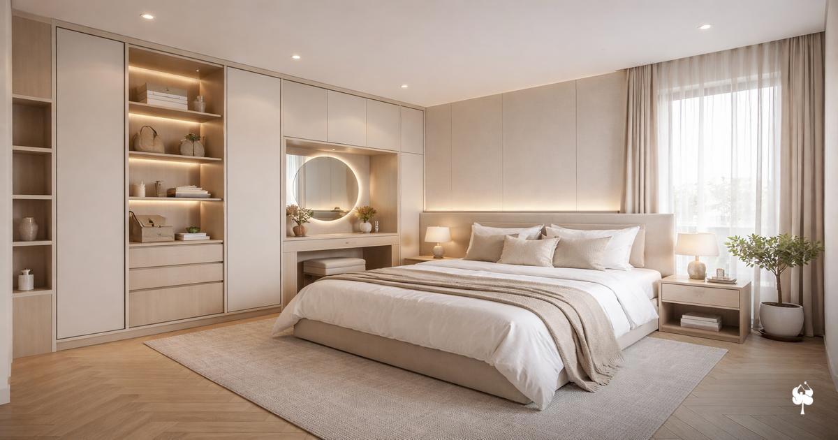 Guarda-roupa, cama e painel: como integrar tudo sem parecer cheio